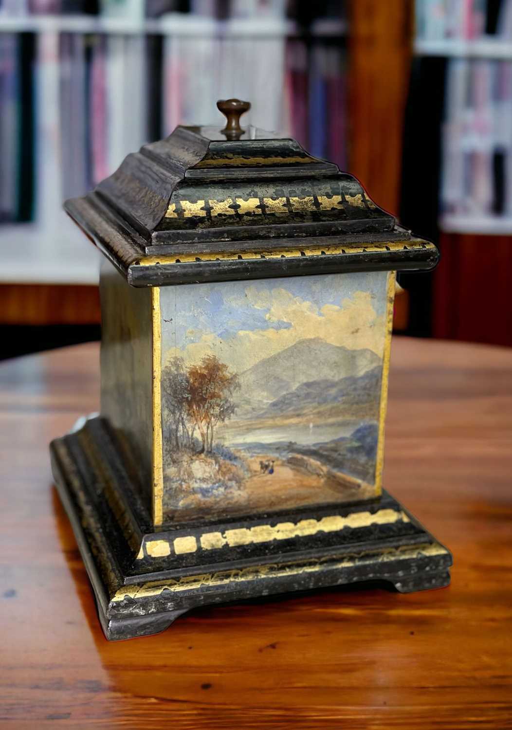 WELSH FOLK ART SLATE TEA CADDY circa 1850, with four hand-painted panels depicting north Wales - Image 5 of 6