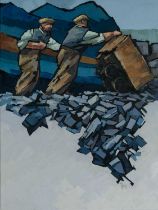 ‡ IFOR PRITCHARD (Welsh 1940-2010) oil on canvas - quarrymen tipping a wagon, signed, 60 x 45cms