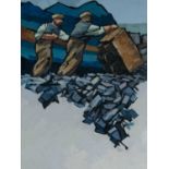 ‡ IFOR PRITCHARD (Welsh 1940-2010) oil on canvas - quarrymen tipping a wagon, signed, 60 x 45cms