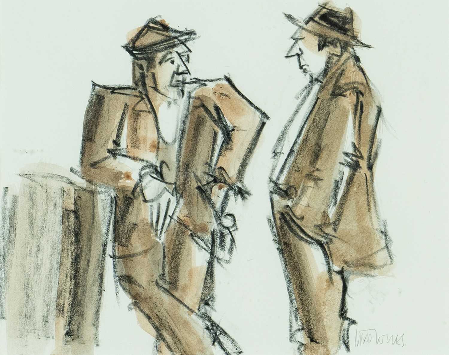 ‡ MIKE JONES (Welsh 1941-2022) crayon and wash - entitled verso, 'Farmers', signed, 20 x 26cms