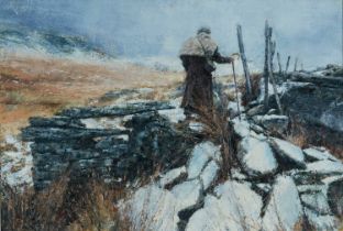 ‡ KEITH BOWEN (Welsh b. 1950) oil on board - shepherd in winter landscape, 50 x 74cms Provenance: