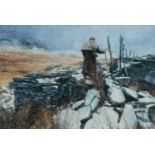 ‡ KEITH BOWEN (Welsh b. 1950) oil on board - shepherd in winter landscape, 50 x 74cms Provenance: