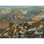 ‡ DAVID WOODFORD (b.1938) oil on board - entitled verso, 'Tryfan and the Glyders', 14.5 x 19cms