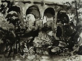 ‡ LESLIE MOORE (Welsh 1913-1976) ink and wash - Porthkerry Viaduct, Barry, signed and dated 1975/