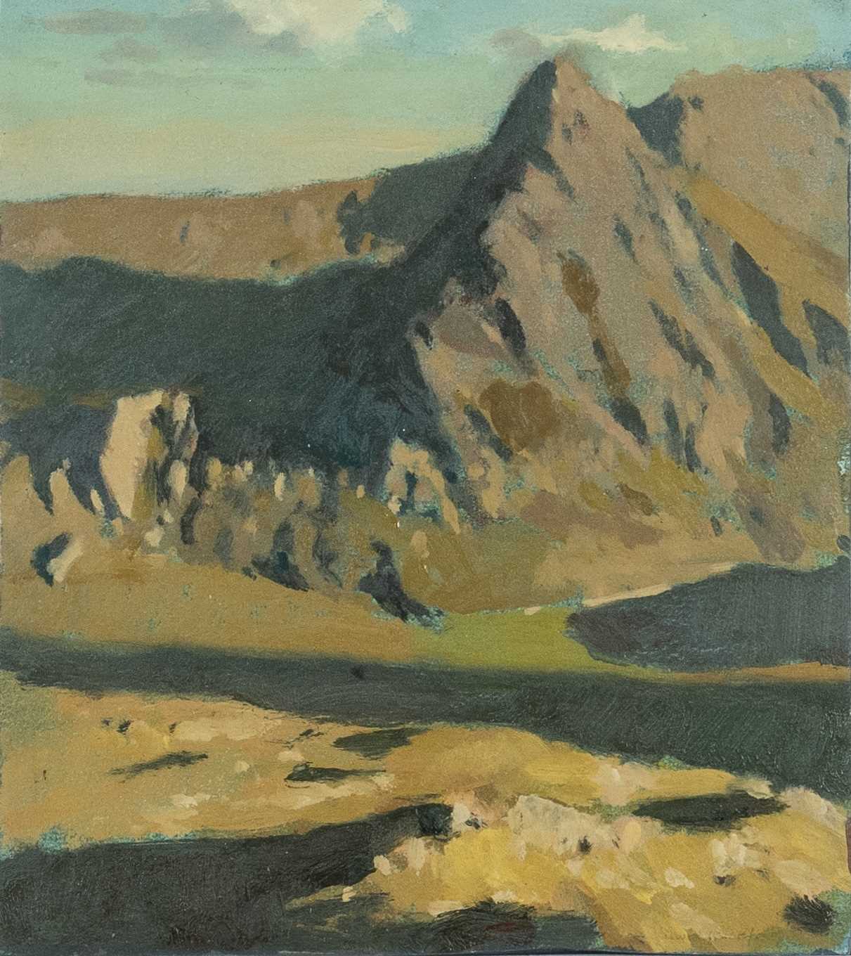‡ DAVID WOODFORD (b.1938) oil on board - entitled verso, 'Tryfan' , signed, 22.5 x 20cms Provenance: