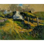 ‡ ROBERT DAWSON (1926-1997) oil on board - village scene with white cottages, signed with