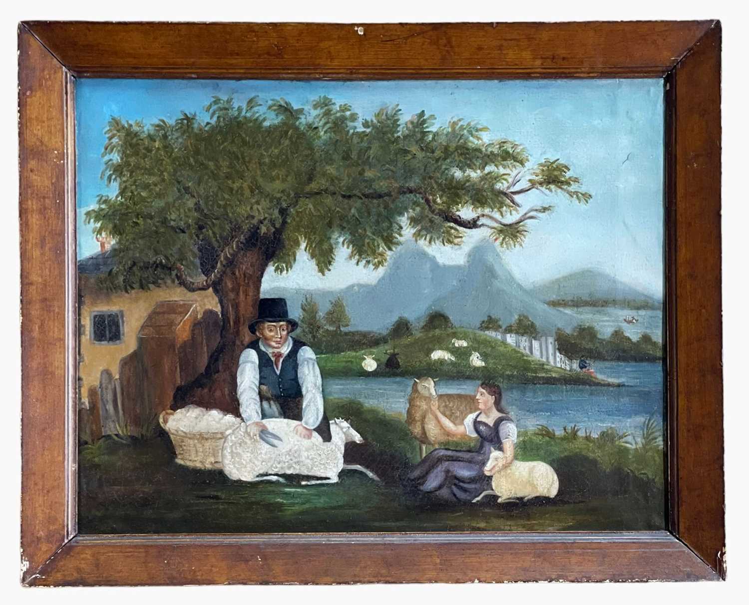 19TH CENTURY PRIMITIVE SCHOOL oil on canvas - farmer shearing sheep with female companion, 42.5 x - Image 2 of 2