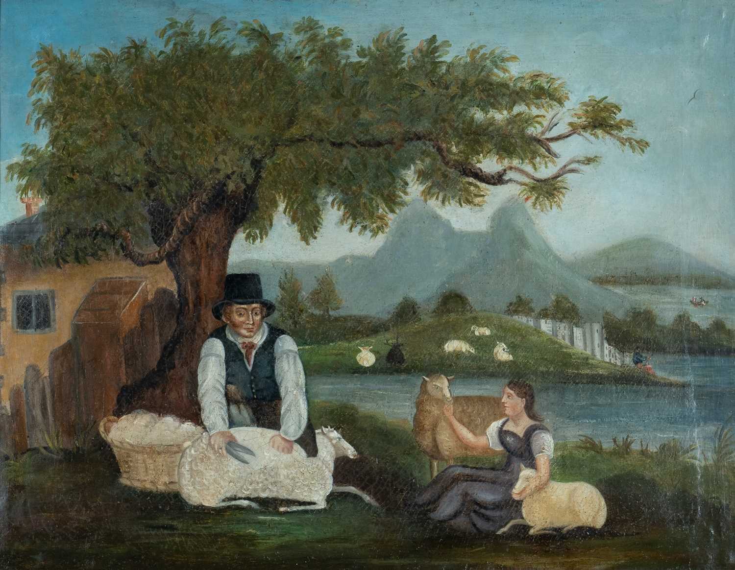 19TH CENTURY PRIMITIVE SCHOOL oil on canvas - farmer shearing sheep with female companion, 42.5 x