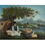 19TH CENTURY PRIMITIVE SCHOOL oil on canvas - farmer shearing sheep with female companion, 42.5 x