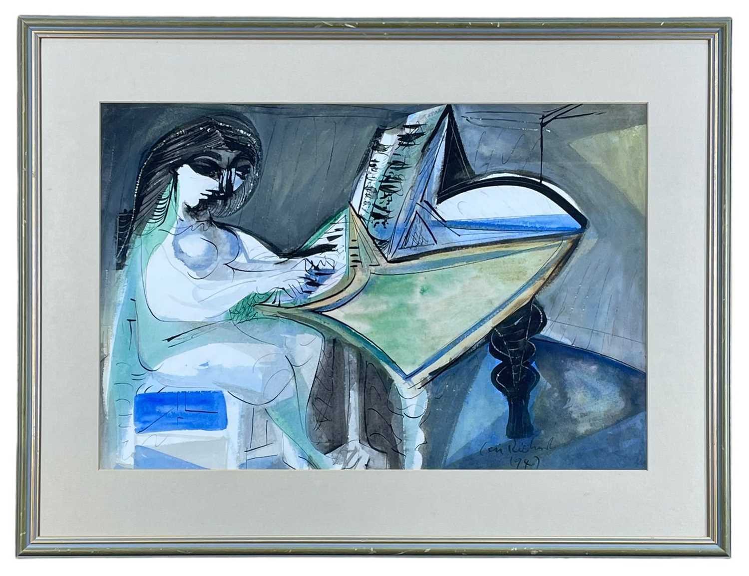 ‡ CERI RICHARDS CBE (Welsh 1903-1971) mixed media - figure at piano, signed and dated 1947, 36 x - Image 2 of 2