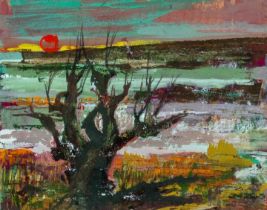 ‡ RAY HOWARD JONES (1903-1996) gouache on paper - winter sunset over a headland with tree, 20 x