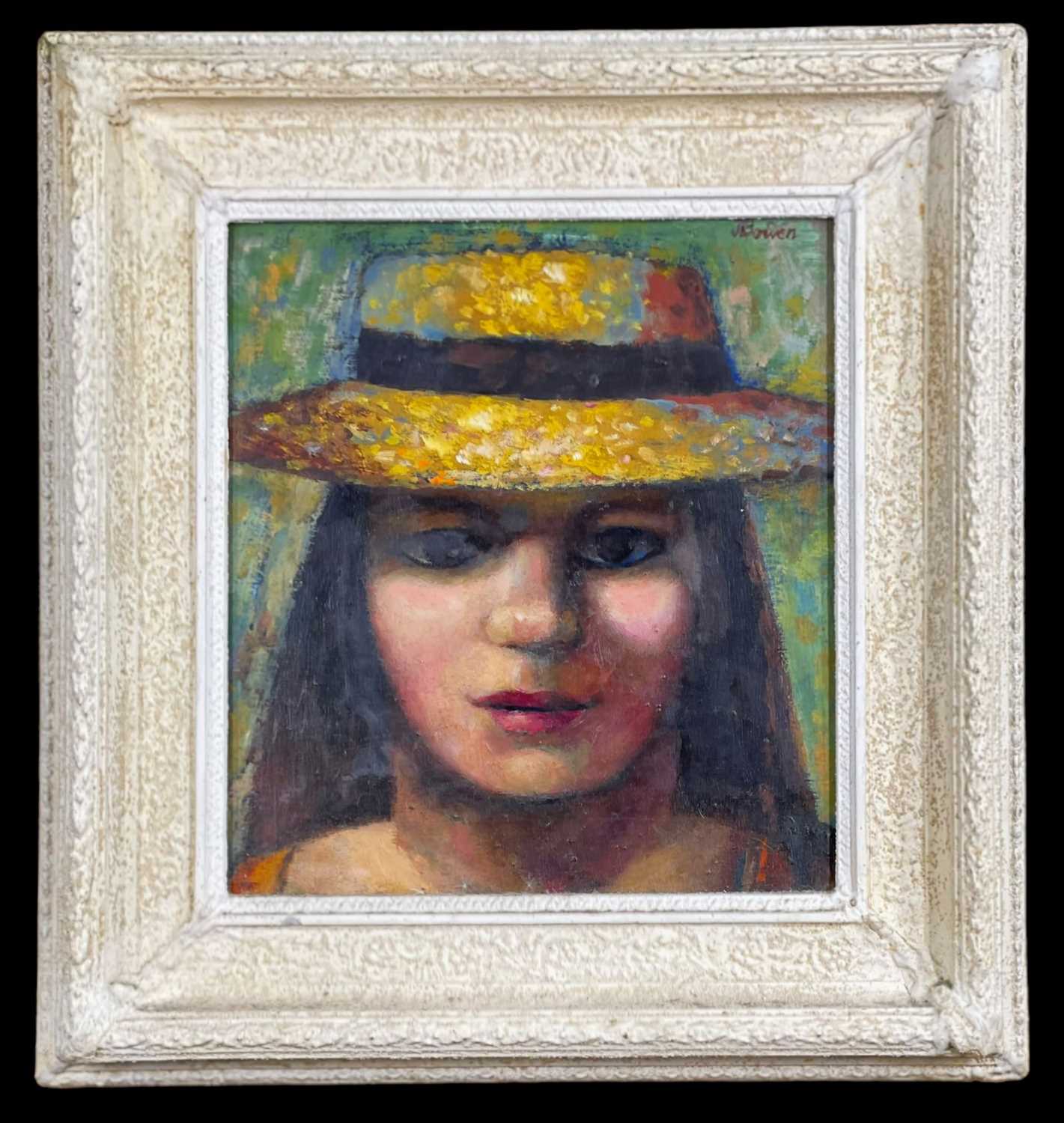 ‡ JOHN BOWEN (Welsh 1914-2006) oil on board - entitled verso, 'The Straw Hat', signed, 27 x 24. - Image 2 of 2