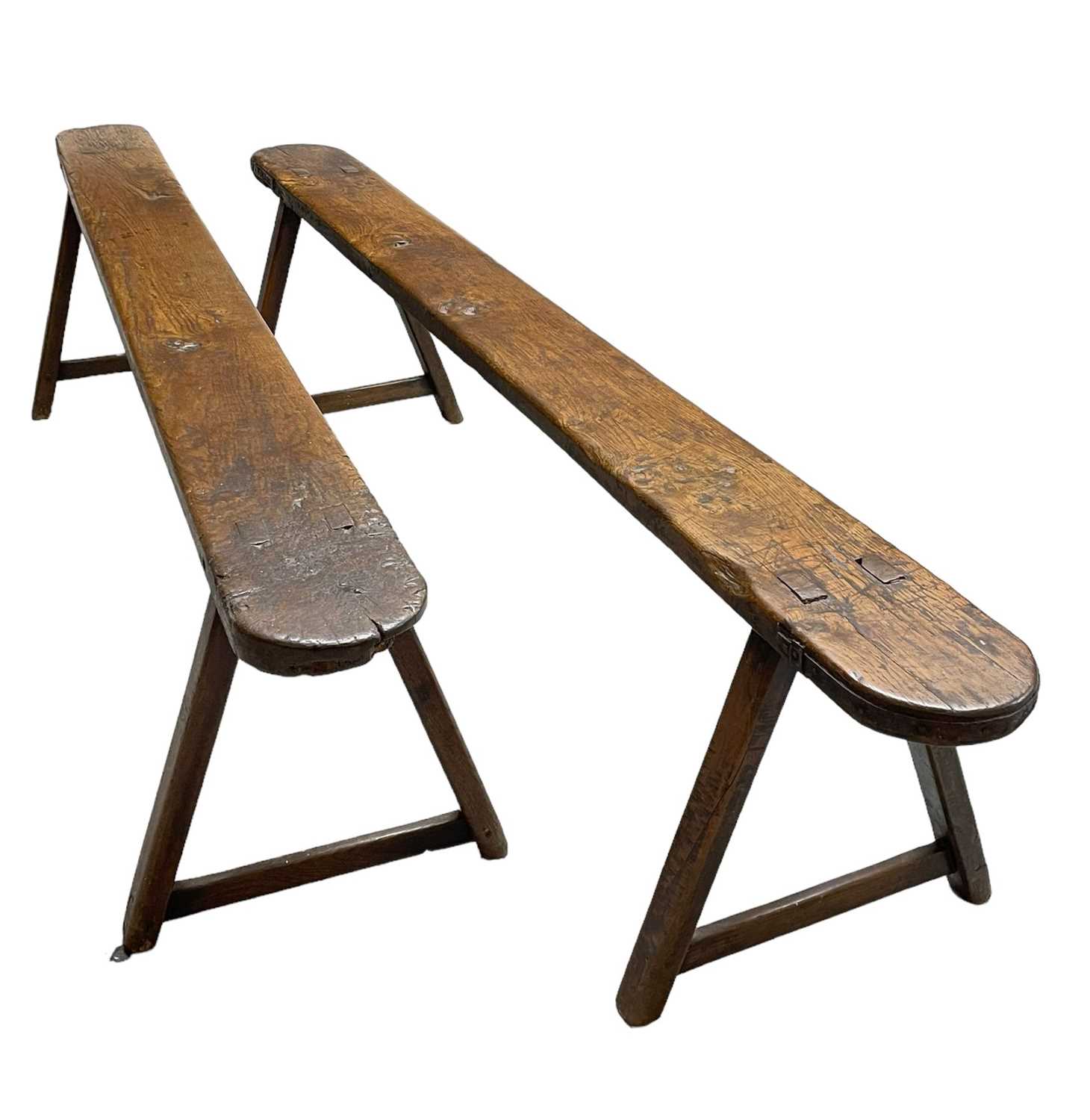 PAIR PRIMITIVE JOINED OAK LONG BENCHES, 19th Century, on A-shaped trestle end supports mortised - Image 2 of 3