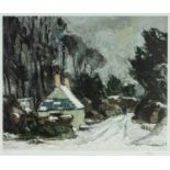 ‡ SIR KYFFIN WILLIAMS RA numbered artist's proof print - winter scene with cottage and figure,