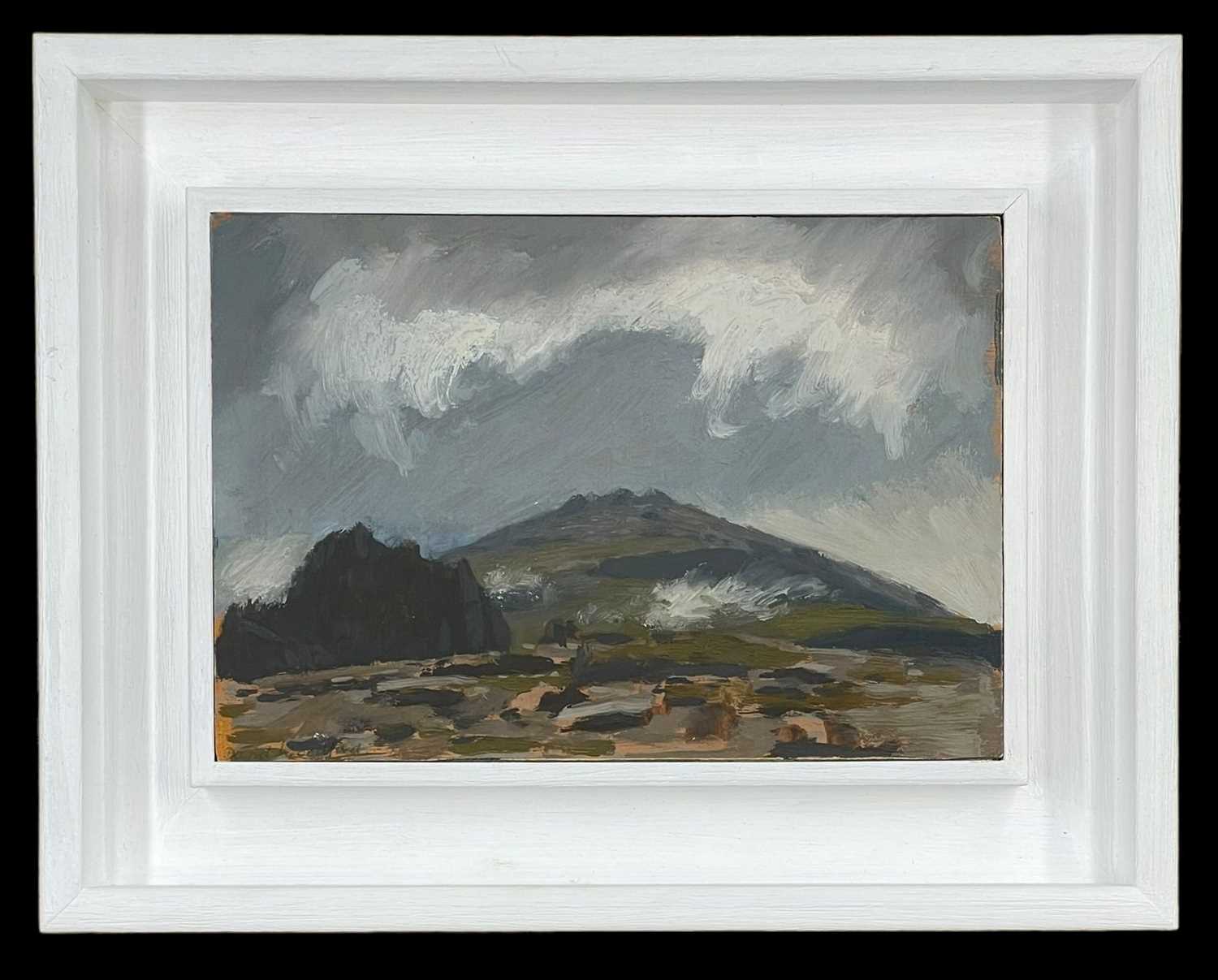 ‡ DAVID WOODFORD (b.1938) oil on board - Eryri (Snowdonia) under stormy sky, entitled verso, 'On the - Image 2 of 2