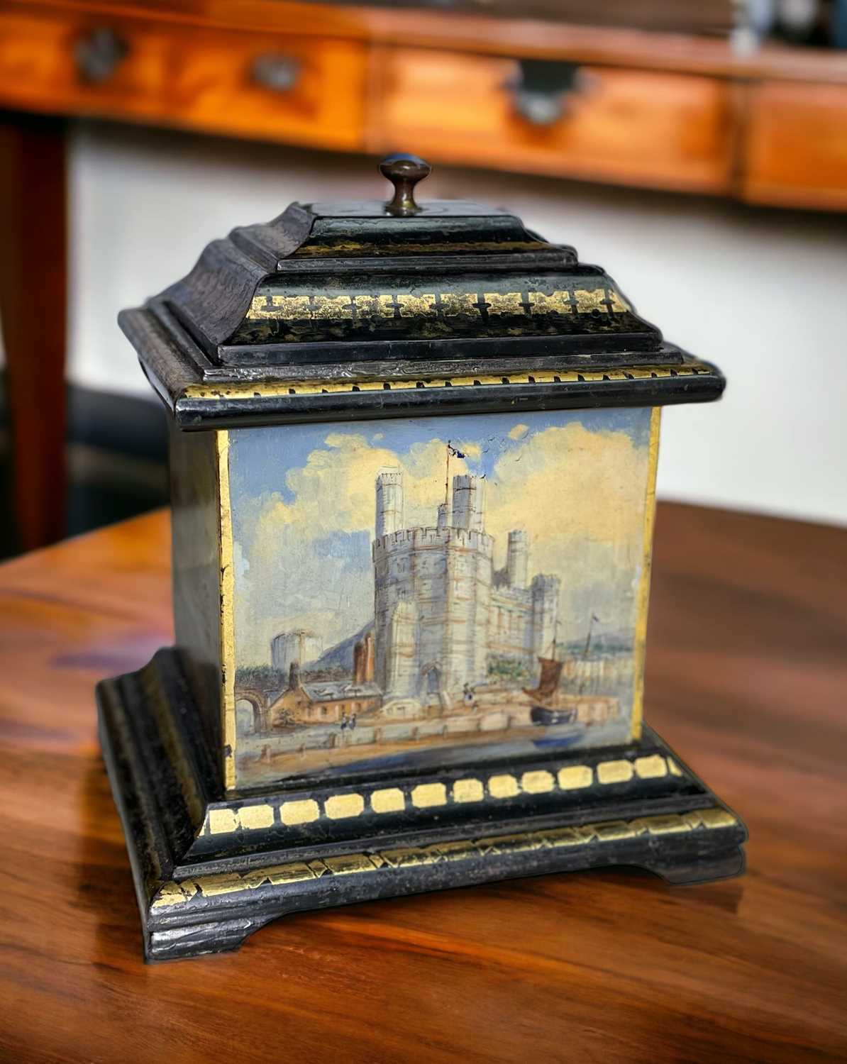 WELSH FOLK ART SLATE TEA CADDY circa 1850, with four hand-painted panels depicting north Wales - Image 2 of 6