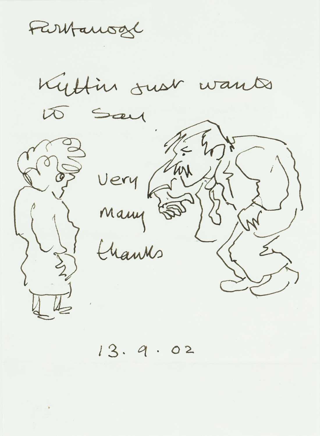 ‡ SIR KYFFIN WILLIAMS RA ink on paper - cartoon of the artist and another figure, inscribed, 'Kyffin