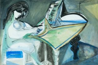‡ CERI RICHARDS CBE (Welsh 1903-1971) mixed media - figure at piano, signed and dated 1947, 36 x