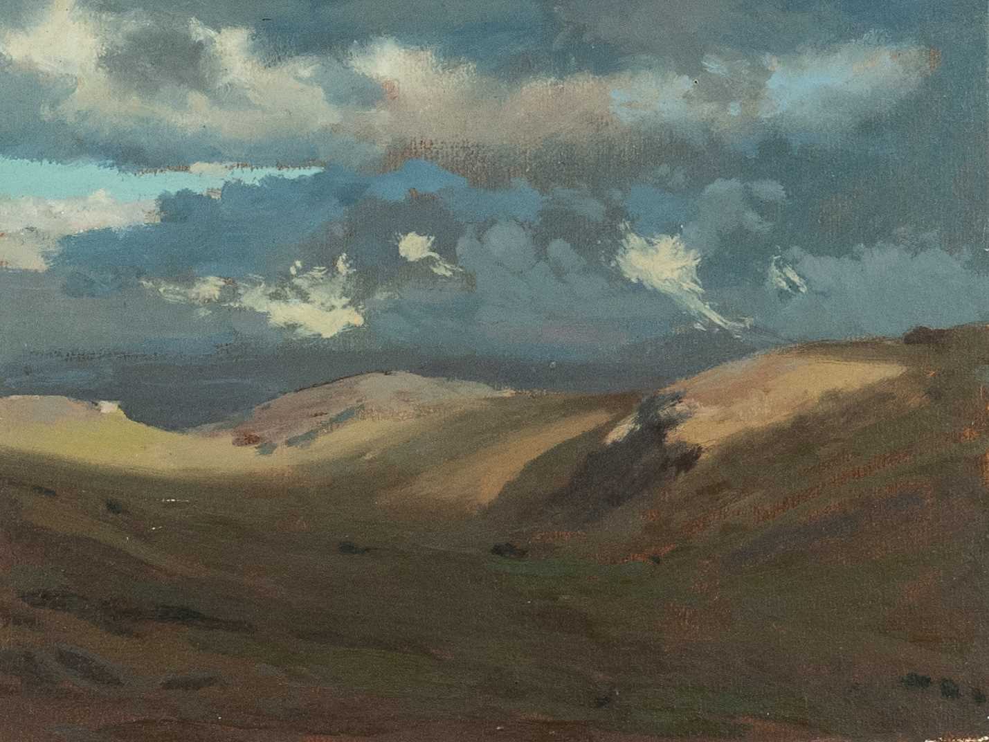 ‡ DAVID WOODFORD (b.1938) oil on board - Eryri (Snowdonia) landscape with clouds, 18 x 23.5cms