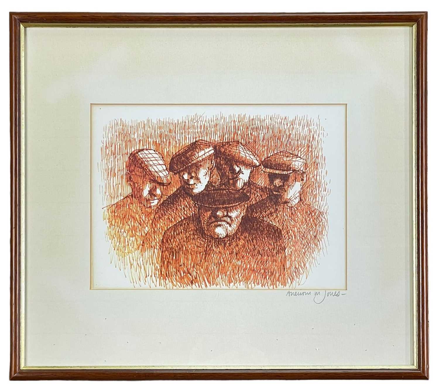 ‡ ANEURIN JONES (Welsh 1930-2017) monochrome print - farmers in flat caps, mount signed in pencil, - Image 2 of 2