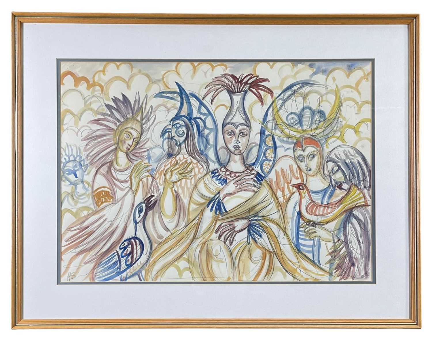 ‡ HELEN STEINTHAL (1911-1991) pencil and watercolour - entitled verso, 'Bird Worshippers', signed - Image 2 of 2