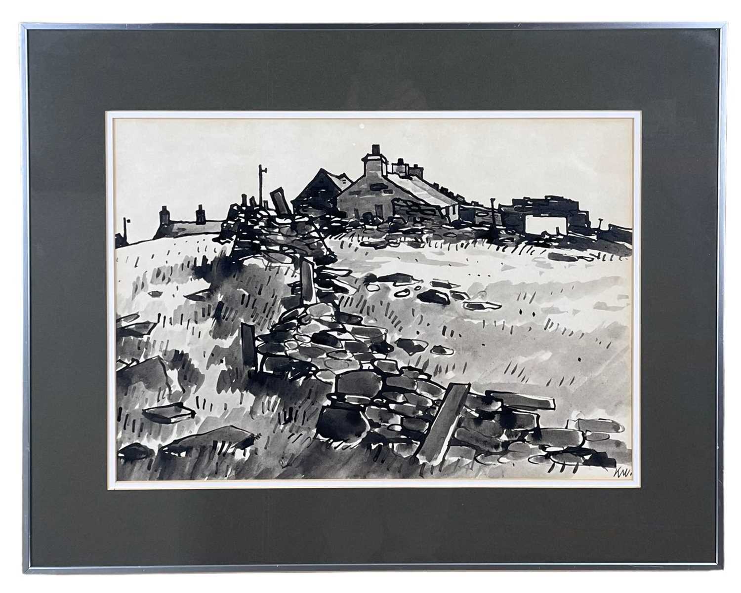 ‡ SIR KYFFIN WILLIAMS RA ink and wash - farmstead with dry stone walls, Tegfryn Art Gallery label - Image 2 of 3