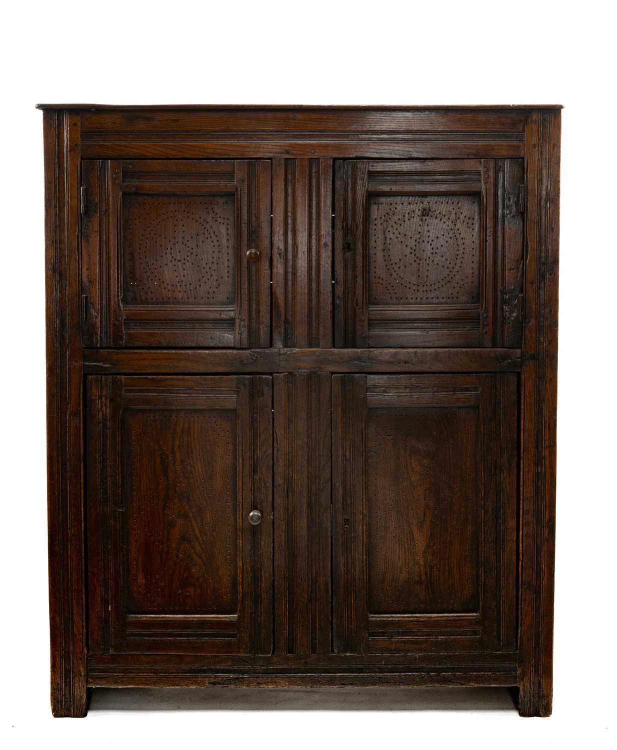 CHARLES II JOINED OAK FOOD CUPBOARD, late 17th Century, double plank top above panelled doors