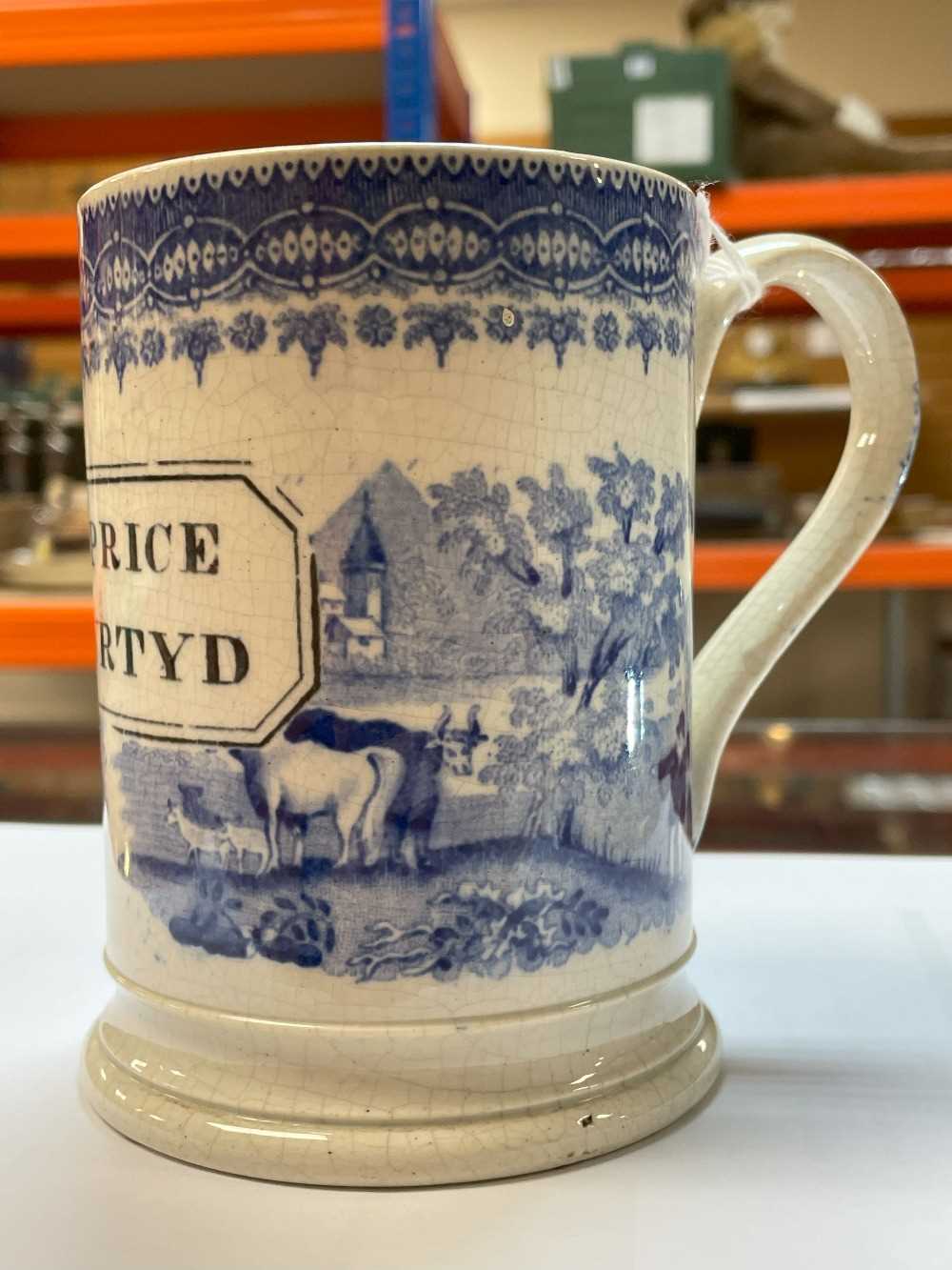 SWANSEA 'NAMED' BLUE & WHITE TANKARD printed in black with cartouche 'John Price Llanwrtyd' reserved - Image 10 of 14