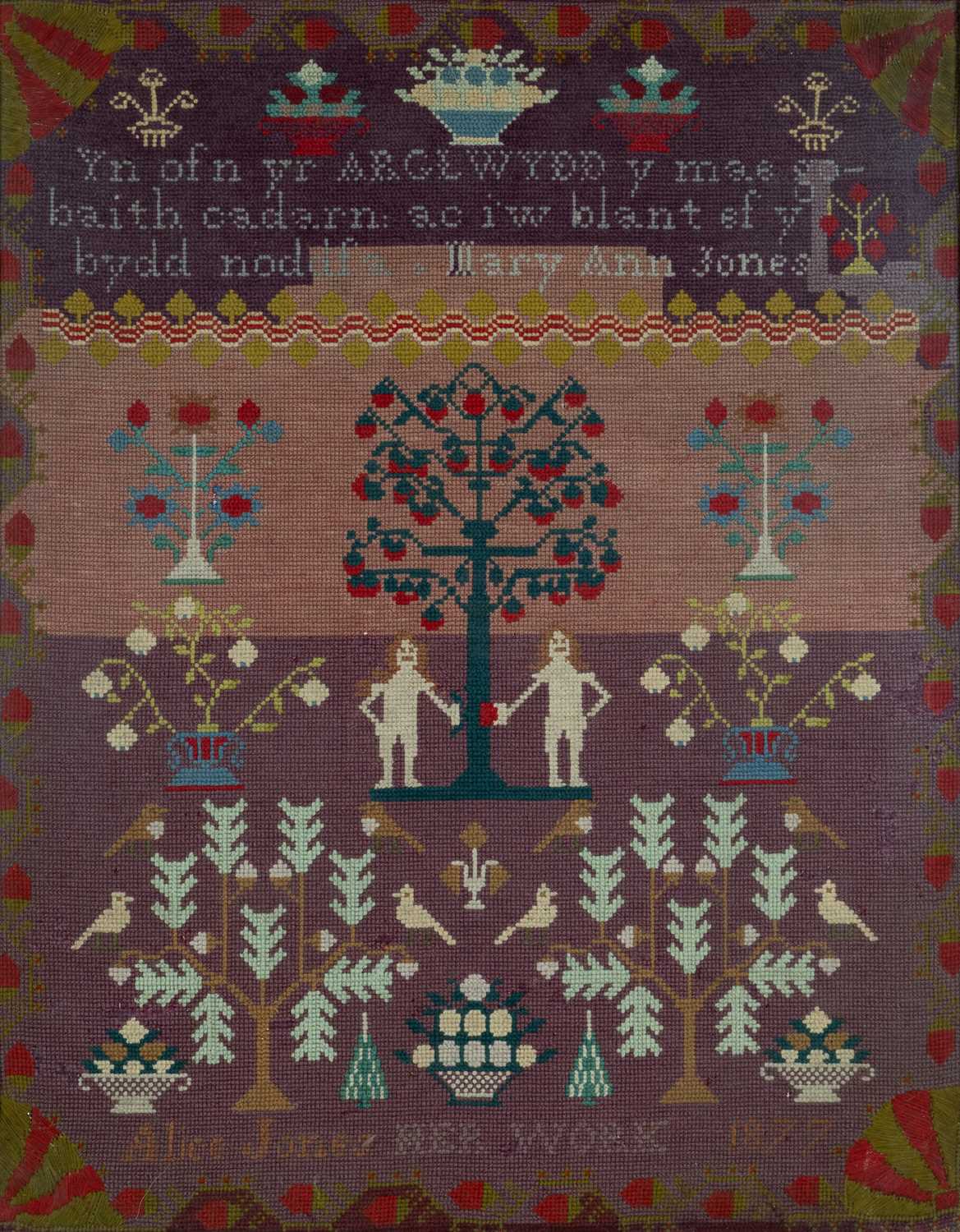VICTORIAN WELSH LANGUAGE WOOLWORK SAMPLER worked by Alice Jones, dated 1877, Welsh language