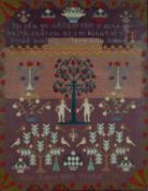 VICTORIAN WELSH LANGUAGE WOOLWORK SAMPLER worked by Alice Jones, dated 1877, Welsh language