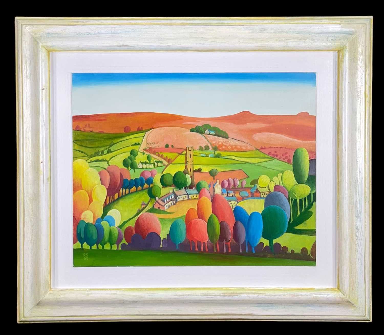 ‡ RALPH SPILLER (1934-2011) oil on card - landscape and village, signed with initials and dated '95, - Image 2 of 2