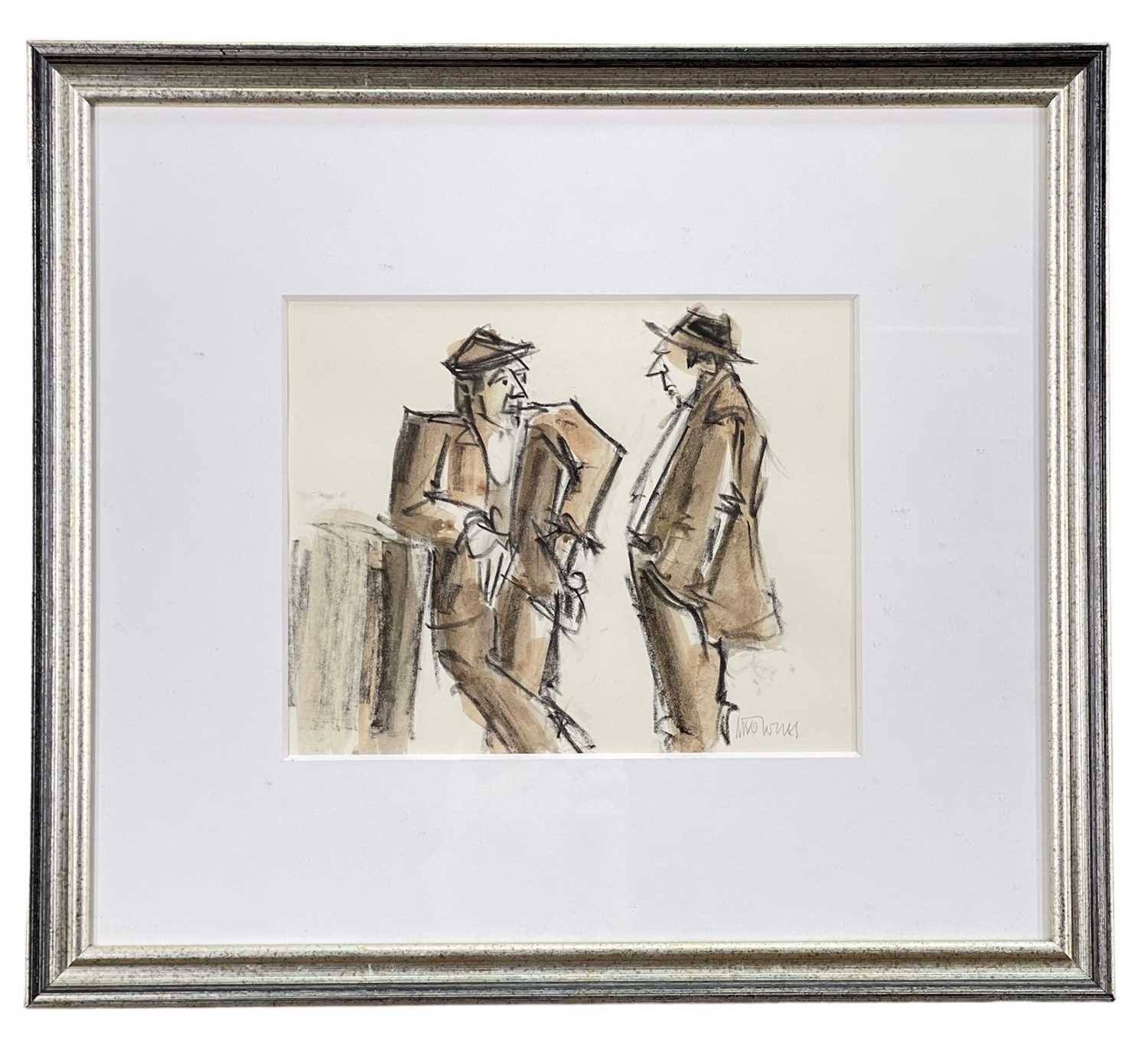 ‡ MIKE JONES (Welsh 1941-2022) crayon and wash - entitled verso, 'Farmers', signed, 20 x 26cms - Image 2 of 2