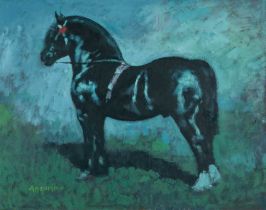 ‡ ANEURIN JONES (Welsh 1930-2017) oil on board - standing Welsh cob, inscribed verso, 'Ebbw',