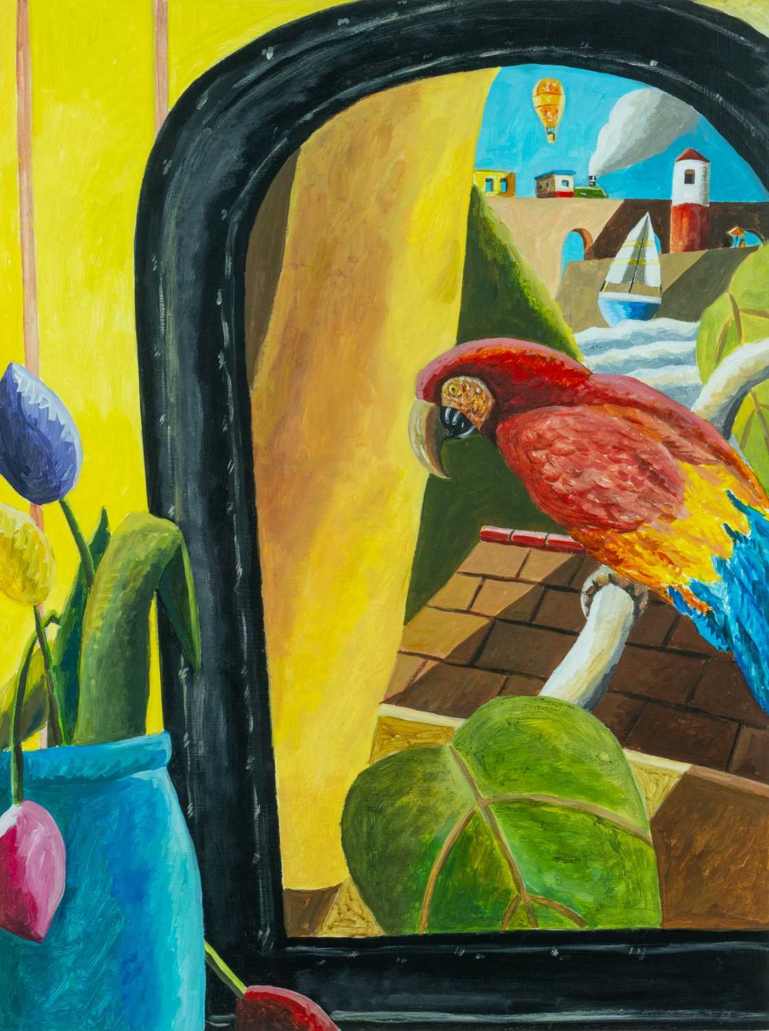 ‡ EMRYS WILLIAMS (Welsh b. 1958) acrylic on panel - entitled verso, 'Parrot and Mirror' on