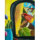 ‡ EMRYS WILLIAMS (Welsh b. 1958) acrylic on panel - entitled verso, 'Parrot and Mirror' on