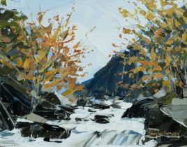 ‡ MATTHEW SNOWDEN (b. 1969) acrylic on panel - river and trees, possibly Afon Glaslyn, signed, 25