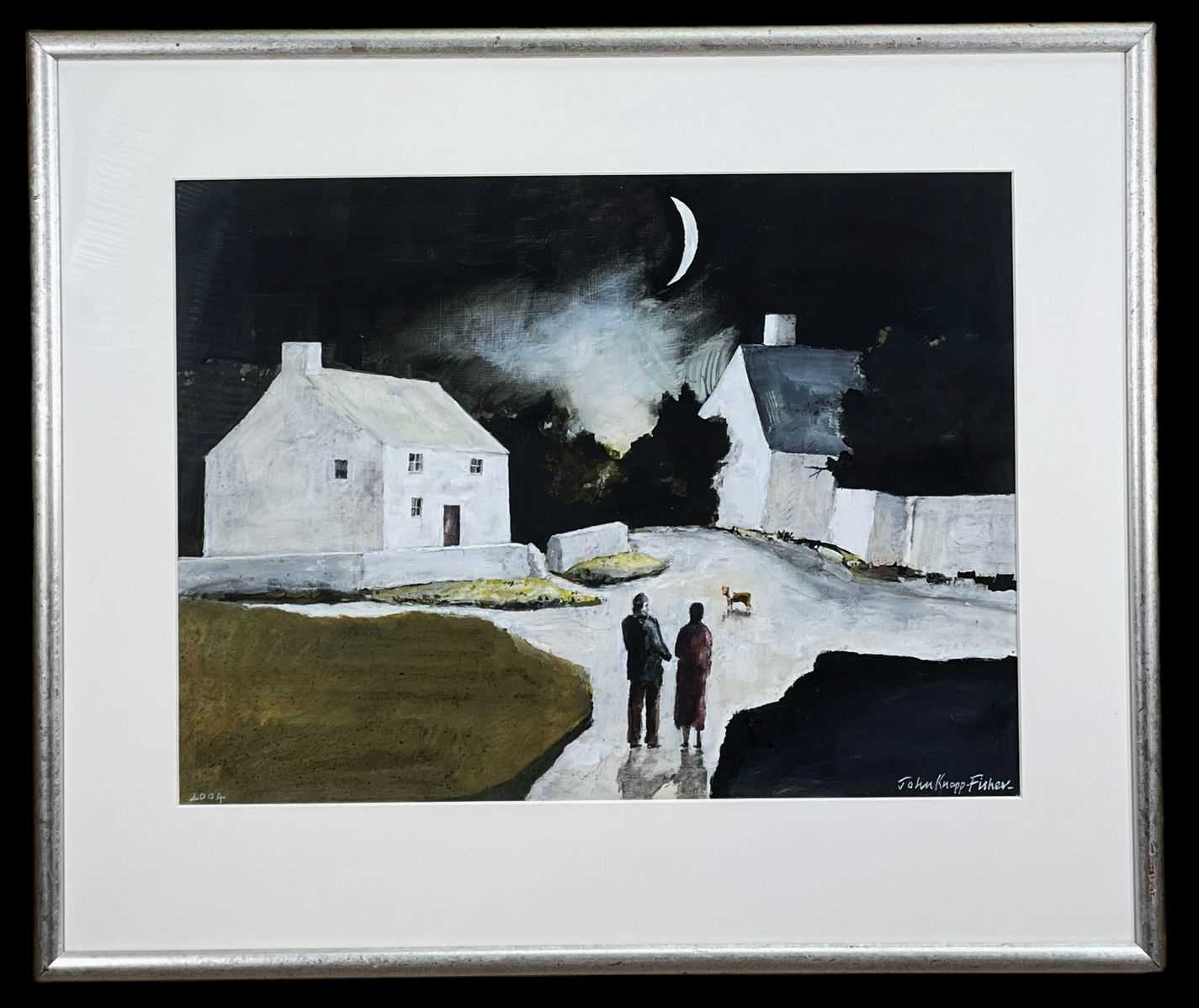 ‡ JOHN KNAPP-FISHER (1931-2015) oil on board - entitled verso, 'Llanwnda with Moon' on Martin Tinney - Image 2 of 2