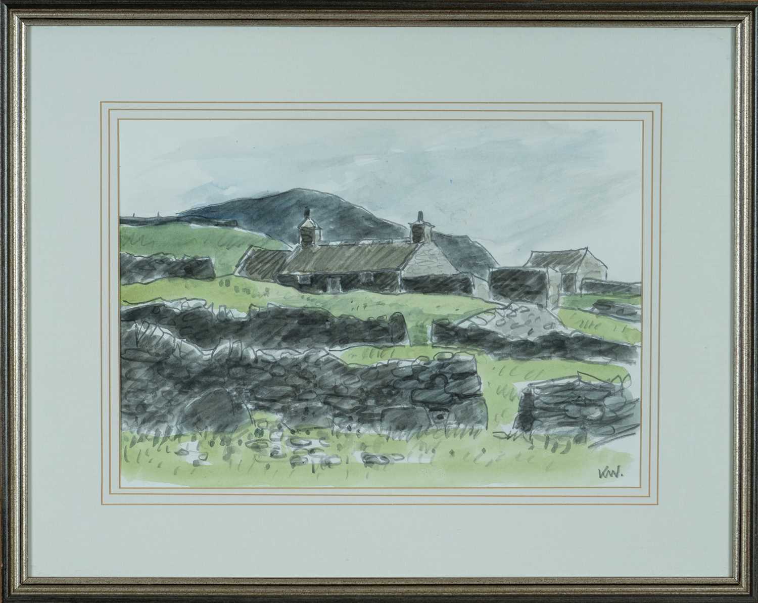 ‡ SIR KYFFIN WILLIAMS RA mixed media - landscape with upland dwelling and drystone walls, signed - Image 2 of 2