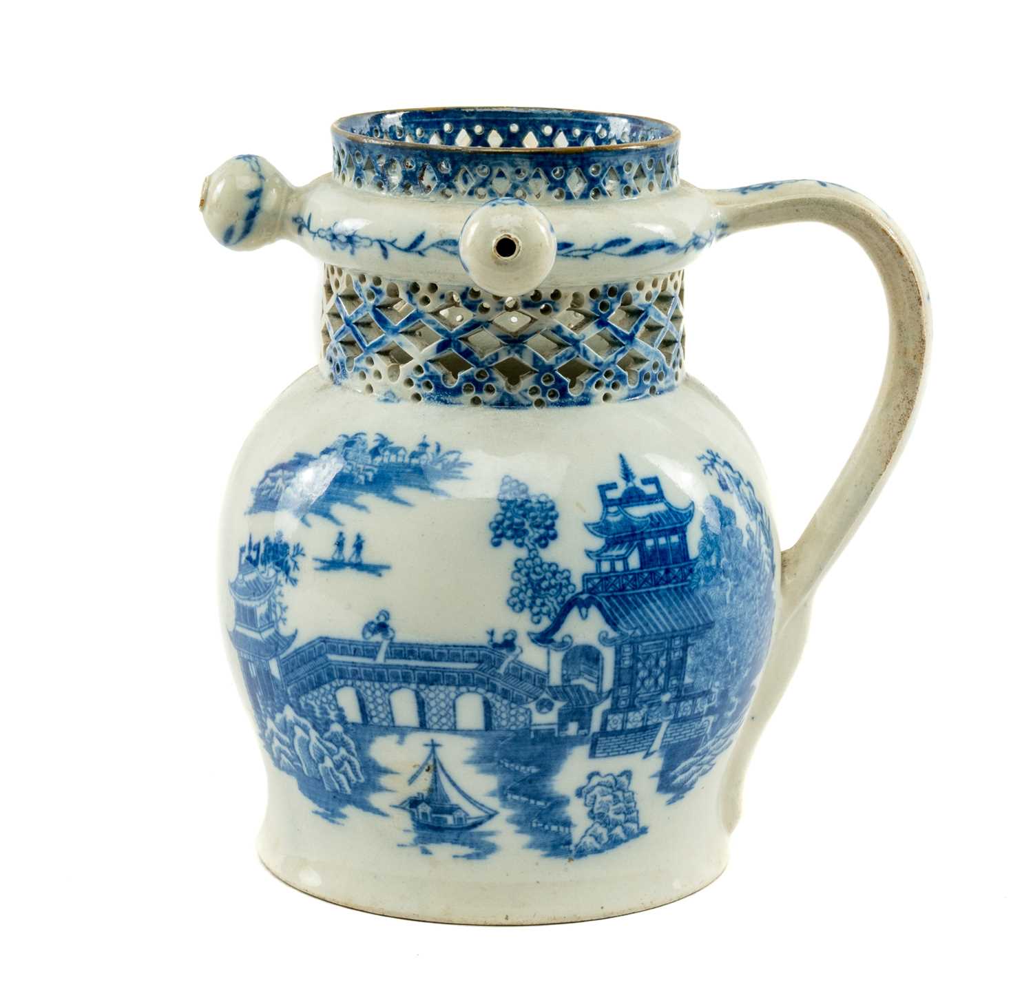 SWANSEA CAMBRIAN PEARLWARE PUZZLE JUG circa 1810, printed in blue with the 'Longbridge' pattern,