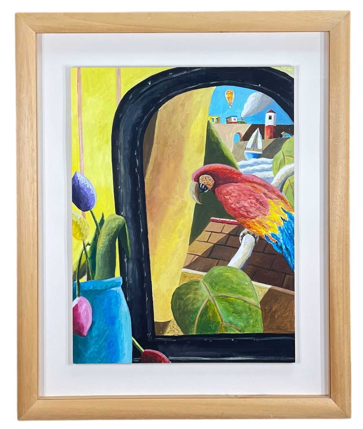‡ EMRYS WILLIAMS (Welsh b. 1958) acrylic on panel - entitled verso, 'Parrot and Mirror' on - Image 2 of 2