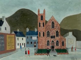 ‡ JACK JONES (Welsh 1922-1993) oil on canvas - 'St Ioan's, Morriston', figures and dog outside
