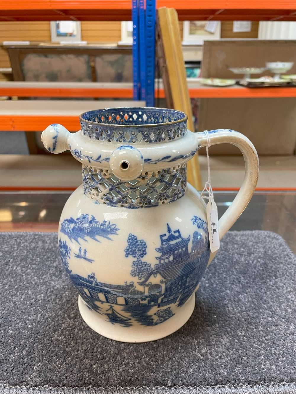 SWANSEA CAMBRIAN PEARLWARE PUZZLE JUG circa 1810, printed in blue with the 'Longbridge' pattern, - Image 2 of 20