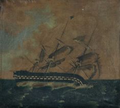 19TH CENTURY WELSH PRIMITIVE oil on canvas - folk art portrait of a brig struggling in a storm at