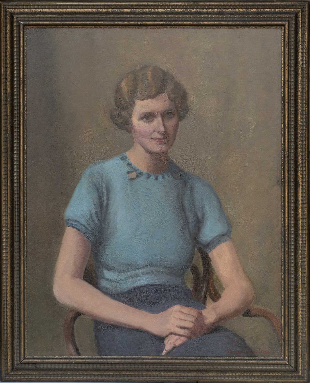 ‡ EVAN CHARLTON (1904-1984) oil on board - seated three-quarter portrait of Zillah Silcocks, signed,