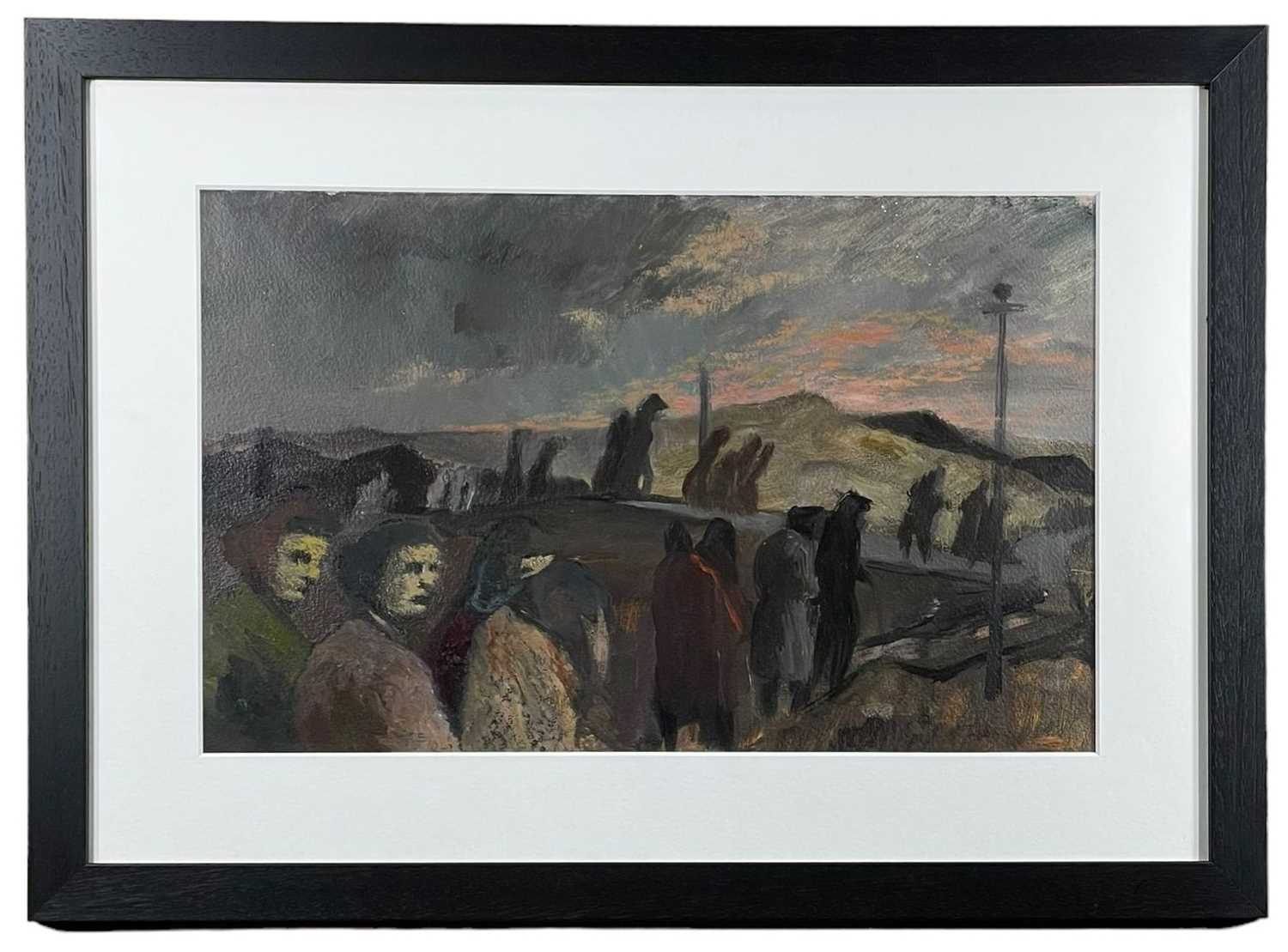 ‡ JOHN ELWYN (Welsh 1916-1997) oil on paper - figures in a dark landscape, signed with initials, - Image 2 of 2