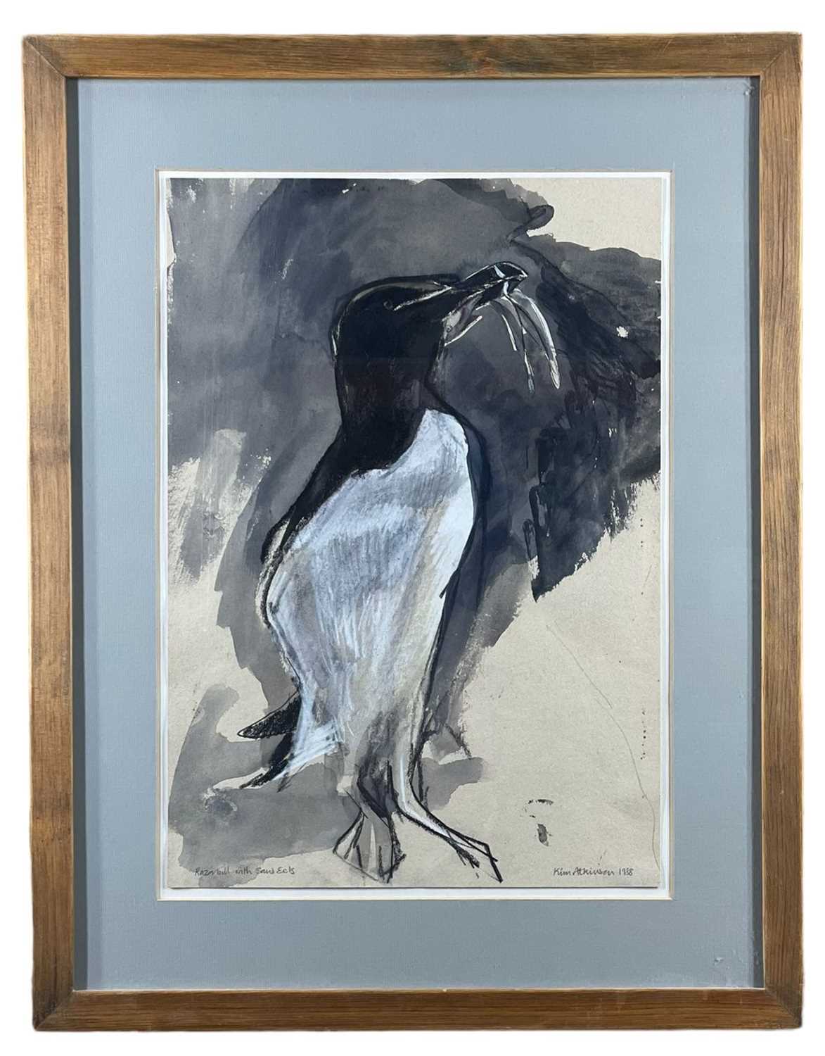 ‡ KIM ATKINSON (Welsh b.1962) mixed media - entitled, 'Razorbill with Sand Eels', signed and dated - Image 2 of 2