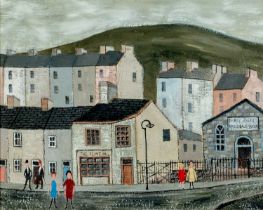 ‡ JACK JONES (Welsh 1922-1993) oil on board - figures in street with The Flint Mill establishment