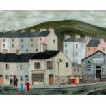 ‡ JACK JONES (Welsh 1922-1993) oil on board - figures in street with The Flint Mill establishment