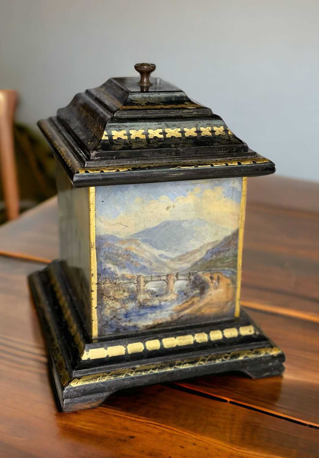 WELSH FOLK ART SLATE TEA CADDY circa 1850, with four hand-painted panels depicting north Wales - Image 3 of 6