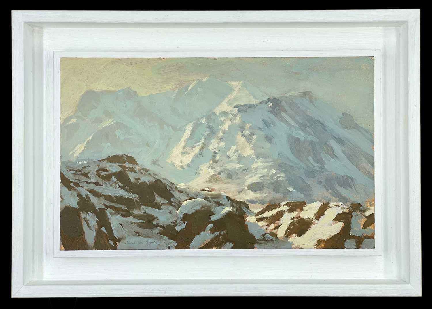 ‡ DAVID WOODFORD (b.1938) oil on card - Eryri (Snowdonia) winter landscape, signed, 16.5 x 27cms - Image 2 of 2